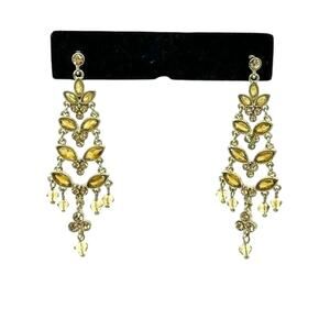 Monet Chandelier Olive Green Peridot Pear Stud Dangle Drop Earrings Gold Tone